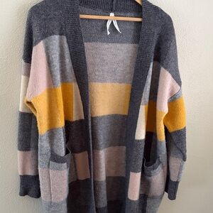 Dreamers plaid oversized open front cardigan | pink, gray, yellow | size small
